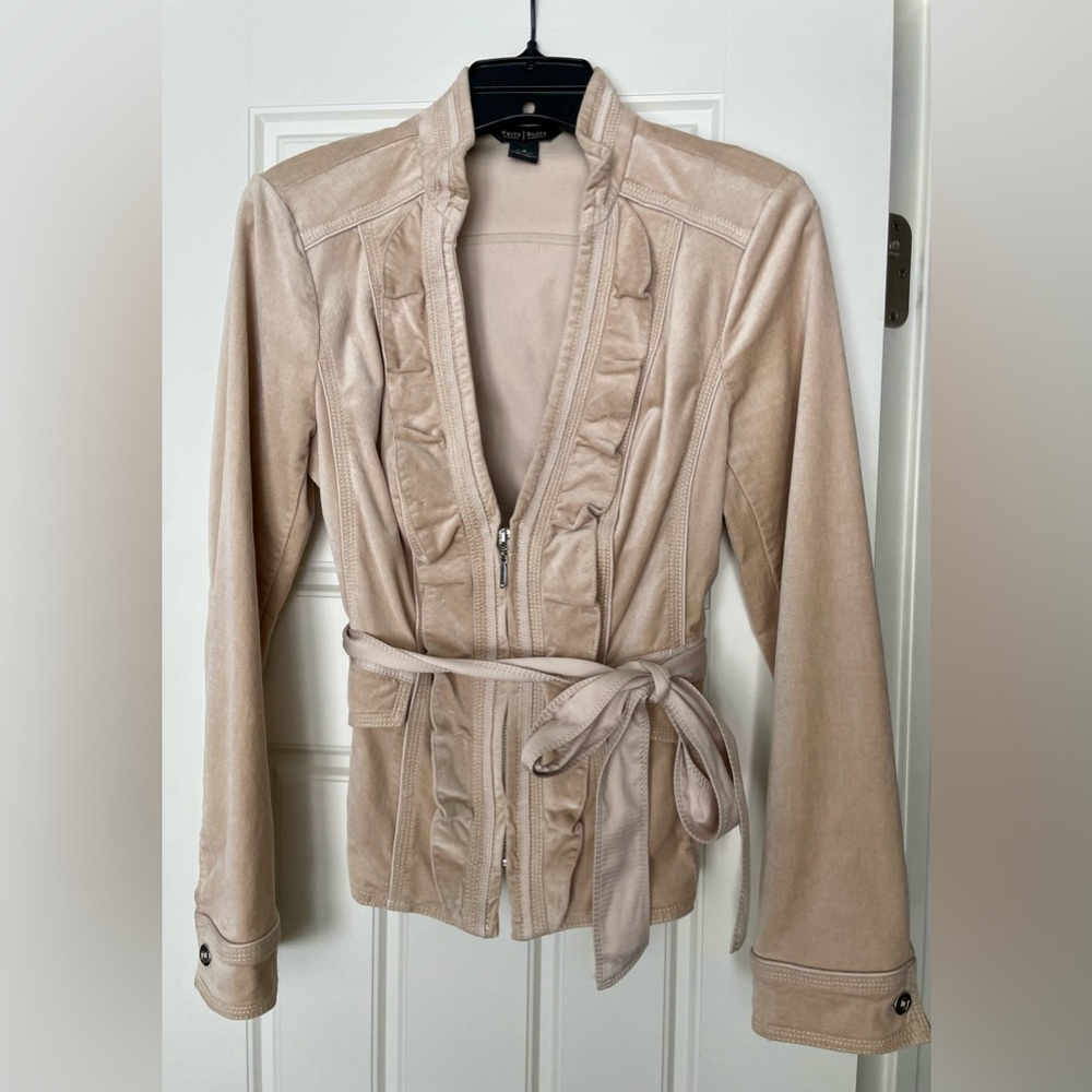 Beige belted jacket with ruffled front